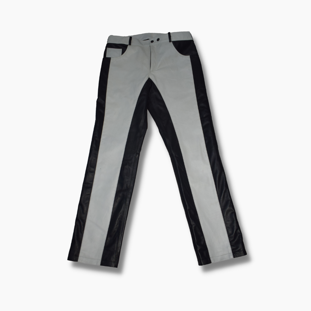 Pantalones de diseñador de dos tonos de cuero genuino para hombre Paneles blancos y negros