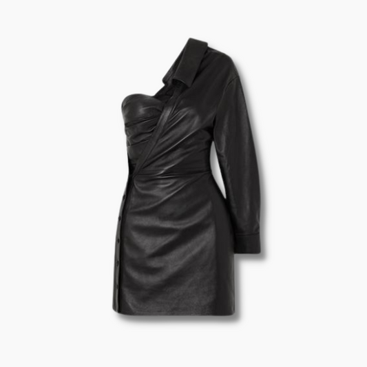 Women's Short Leather dress One Shoulder Ruched - Black