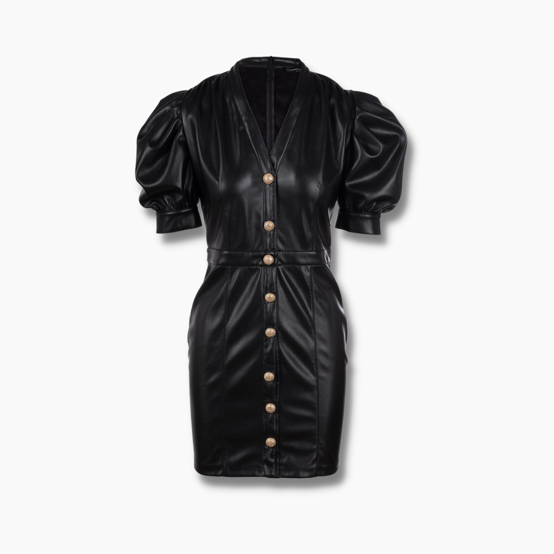 Women Leather Dress Pouf Sleeves Front Golden Buttons - Black
