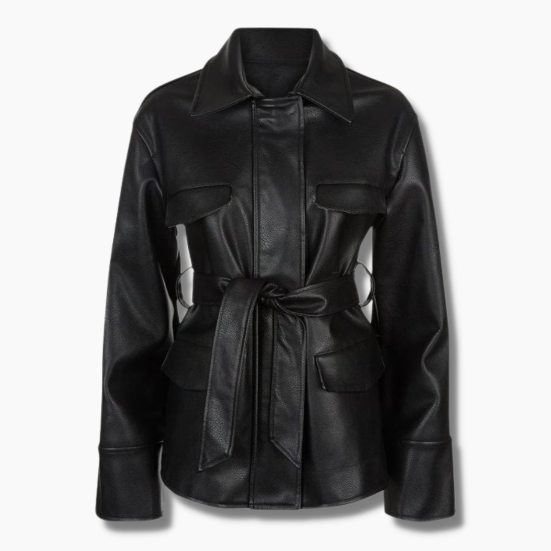 Women's Leather Coat With Front Belt - Black