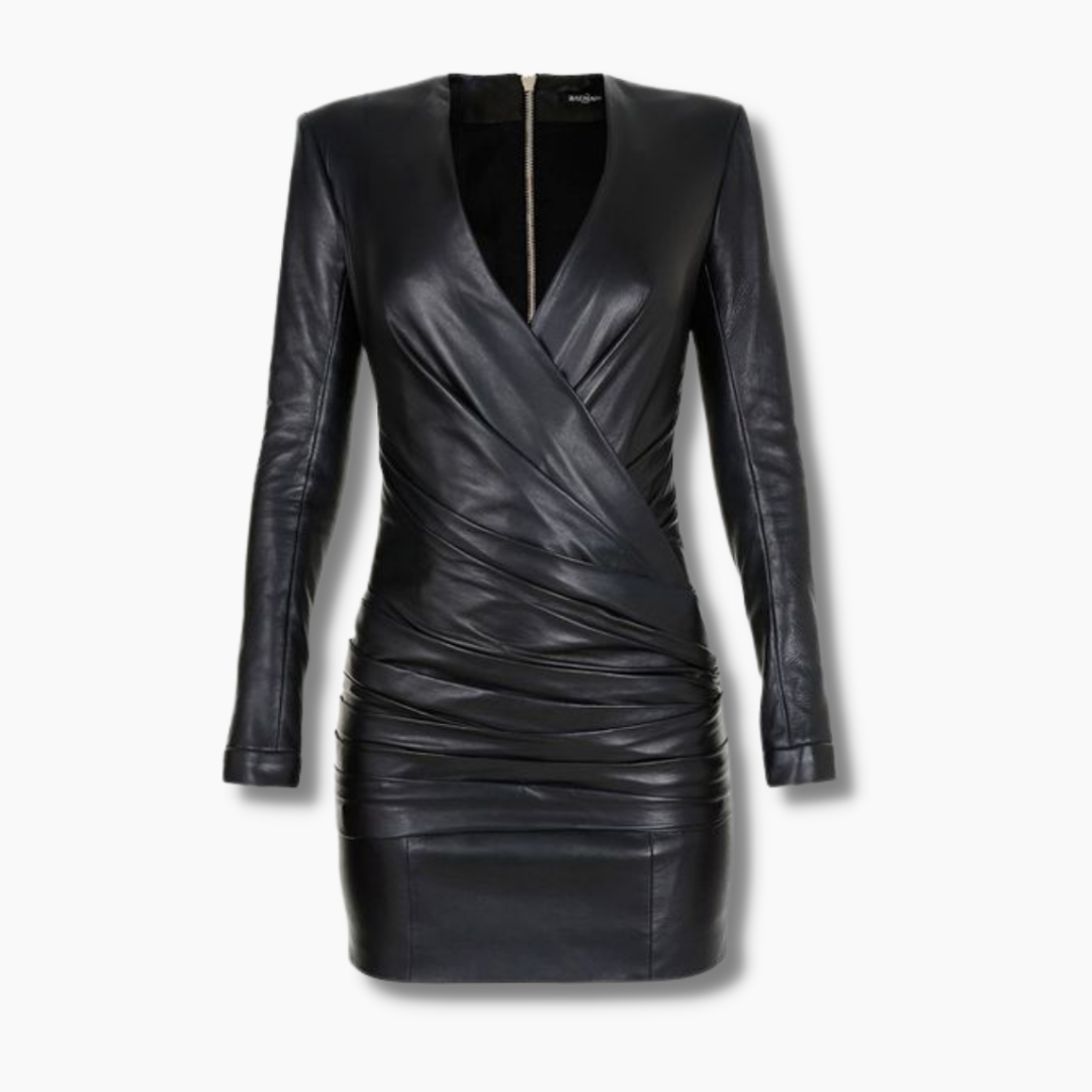 Women's Draped Leather Mini Dress - Black