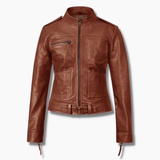 Women's Real Leather Slim Fit Brown Moto Biker Zipper Jacket