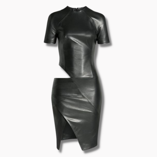 Women's Genuine Short Black Leather Cocktail Dress - Black