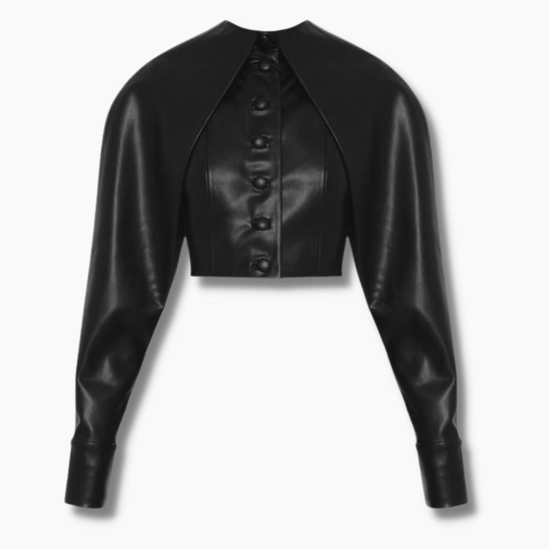 Women's Leather Crop Top With Button Front & Long Sleeves - Black