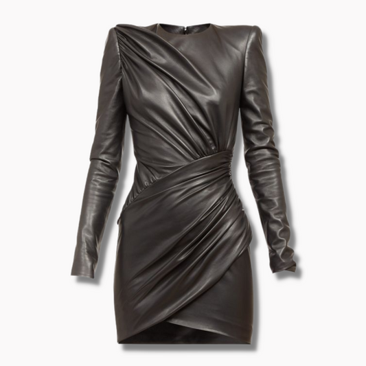 Women's Twist-Knot fitted long Sleeved Leather Bodycon - Chocolate Brown
